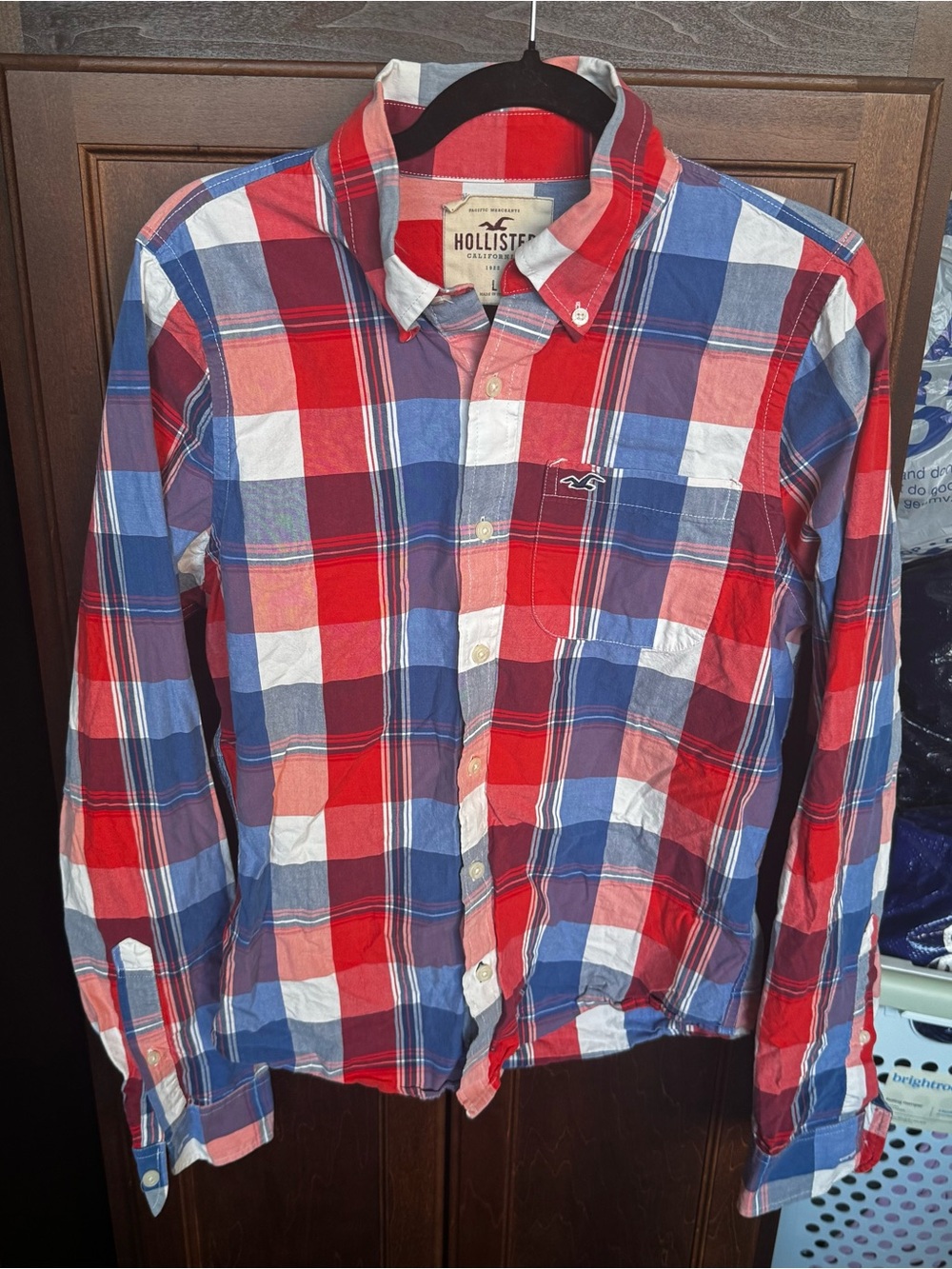 Hollister California Men's Red Blue Plaid Button-Down Long Sleeve Shirt Size L